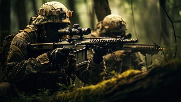 A small group of military soldiers are preparing an ambush in a forested area Modern warfare concept