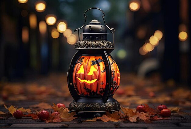 Foto piccola lanterna di halloween illuminata con luci nello stile del panorama bokeh