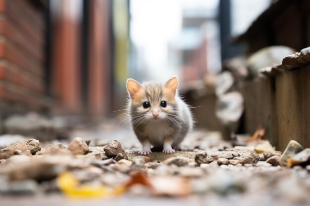 a small hamster sitting on the ground in front of a building