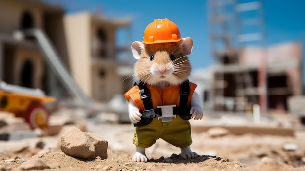 A small hamster wearing construction gear