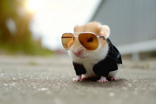 Small Hamster Wearing Sunglasses on Ground