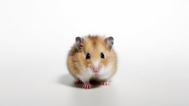 A small hamster with a white face and black eyes.