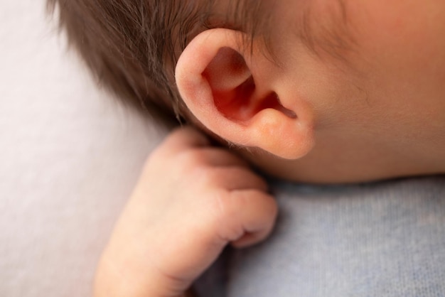 Small hand head and ear of a newborn baby Studio macro photography