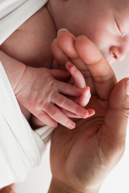 小さな指を持つ生まれたばかりの赤ちゃんの小さな手新生児の頭鼻と耳新生児の両親の父親と母親の手のひらスタジオ マクロ写真