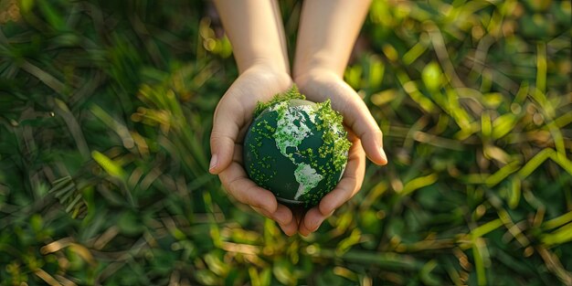 Photo small hands holding vibrant earth surrounded by greenery