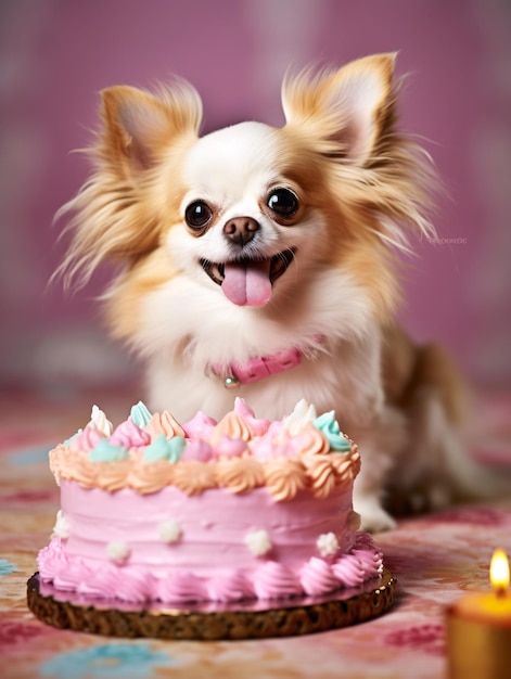 Small happy dog sitting next to pink birthday cake Created with Generative AI technology