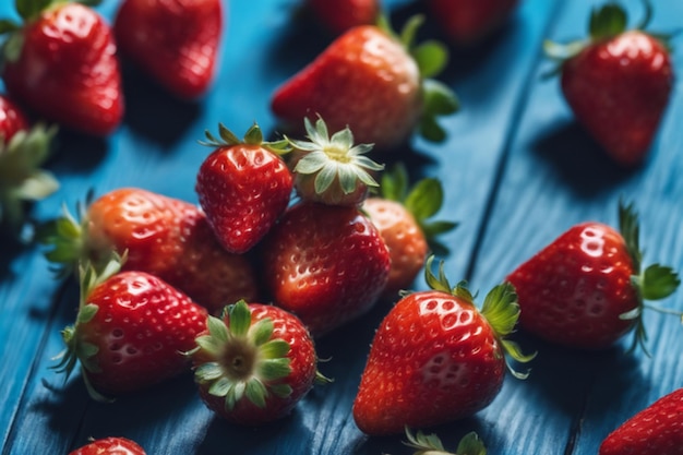 small heap of strawberries on a blue wooden tablebeautiful realistic perfectly detailed shot on_