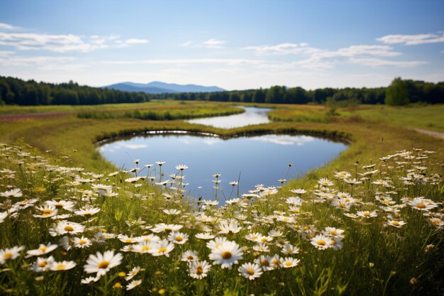 緑の草と花に囲まれた小さな心の形の池は,上から見ると日光に照らされています.