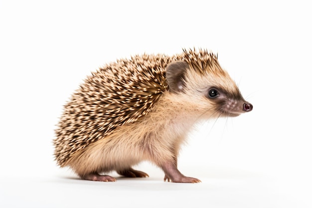 a small hedgehog standing on a white surface