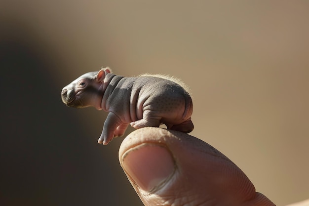 A small hippopotamus sits on a mans finger