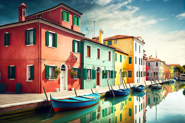 Small historic houses on water in area of burano street