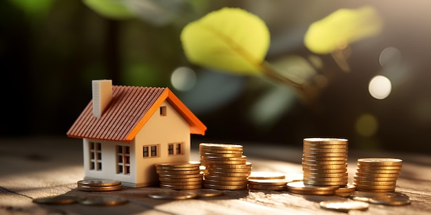 small home and a stack of golden coins in the garden and Real estate investment as a portfolio diver