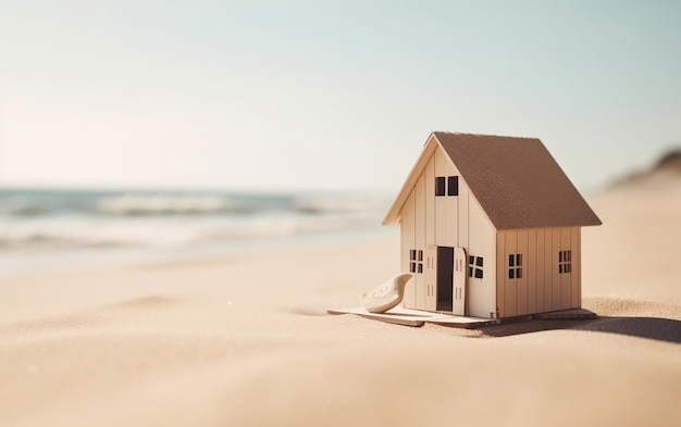 A small house on a beach with a beach chair on the sand.