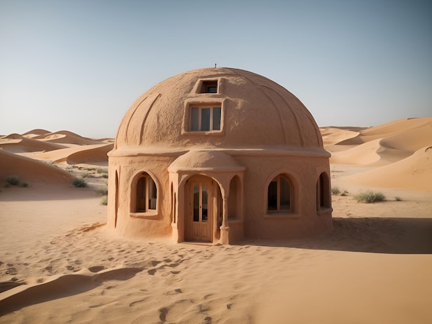 a small house built entirely of sand in the desert