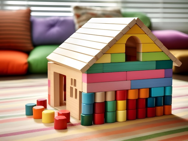 A small house built with wooden blocks for children