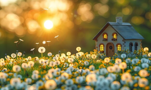 a small house in a field of dandelions