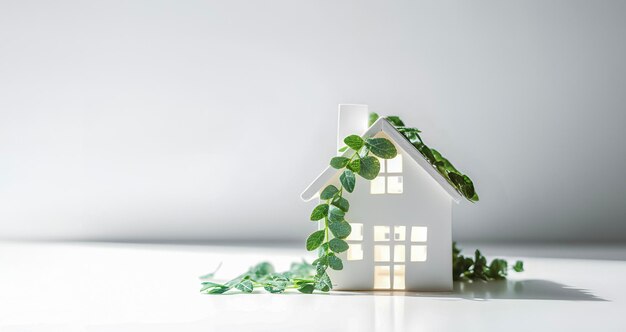 Small house figurine and green foliage on white background eco nature concept AI generated