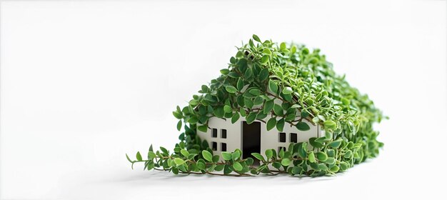 Small house figurine and green foliage on white background free copy space eco nature concept ai gen