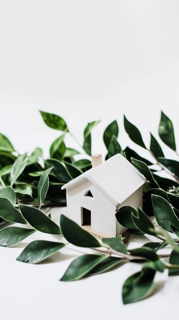 Photo small house figurine and green foliage