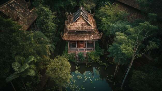 A small house in a forest with a bridge in the background