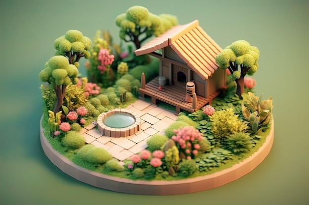 A small house in a garden with a small pond and a small pond.