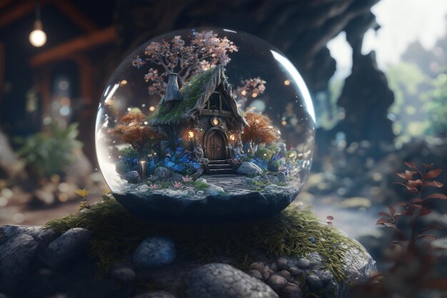 A small house in a glass ball with a mossy tree inside.