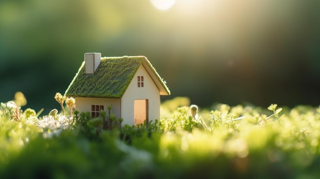 A small house on a grass field with the word home on the front