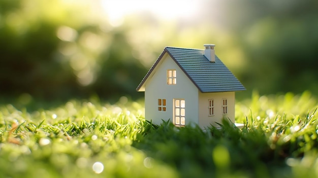 A small house in the grass with the light on