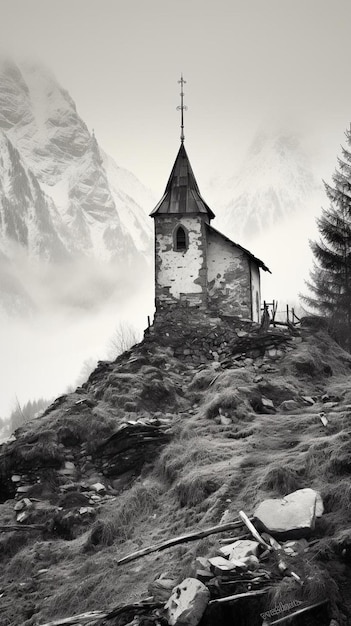 A small house on a hill with a steeple on the top.