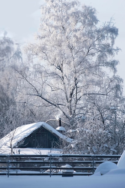 Piccola casa o capanna in villaggio sotto la neve e il bellissimo inverno