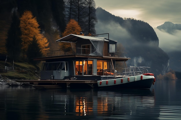 Small house in a lake on a large deck cabin style