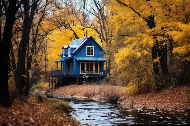 茂みのある秋の森の真ん中にある小さな家 ⁇ 家は高い木や<unk>に囲まれており ⁇ 玄関まで続く曲がりくねった道があります