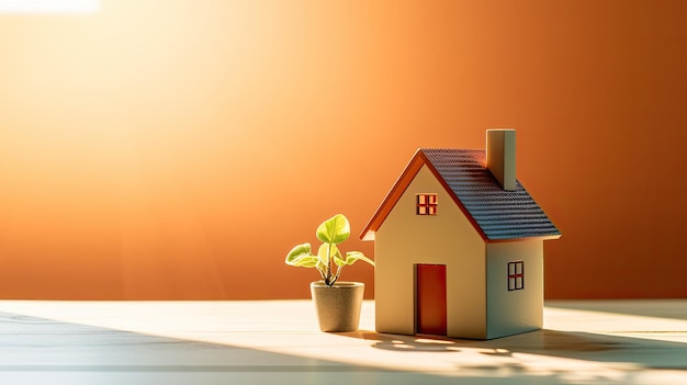 A small house model on orange background