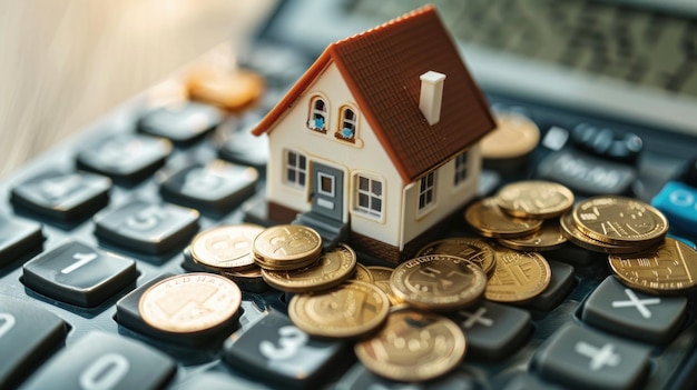 Photo a small house model placed on top of a calculator and surrounded by coins illustrating financial