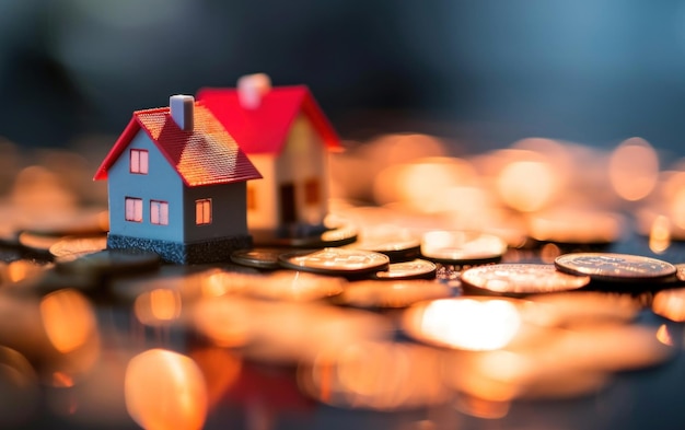 Photo small house models are sitting on pile of coins and reflection of metallic surface