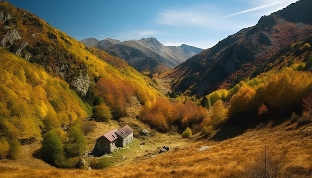 A small house in the mountains with autumn leaves on the ground