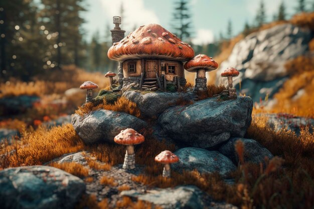 Small house and mushrooms Generative AI