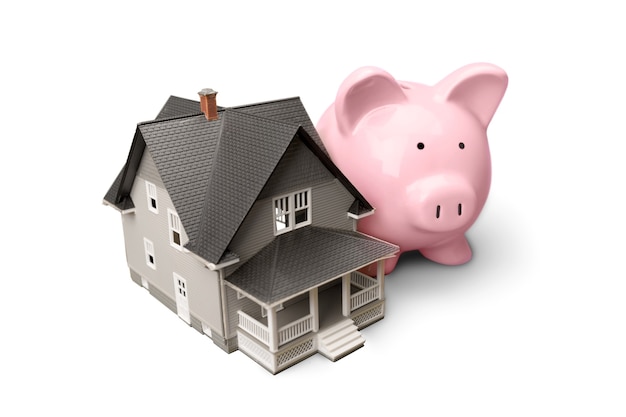 Small House and Piggy bank on background