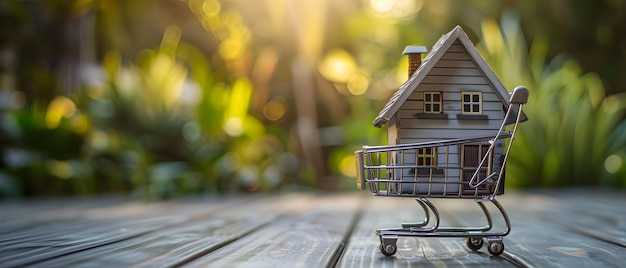 A small house in a shopping cart with copy space Concept of buying real estate