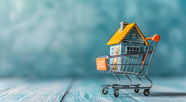 A small house in a shopping cart with copy space Concept of buying real estate