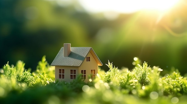 A small house sits in a field of grass