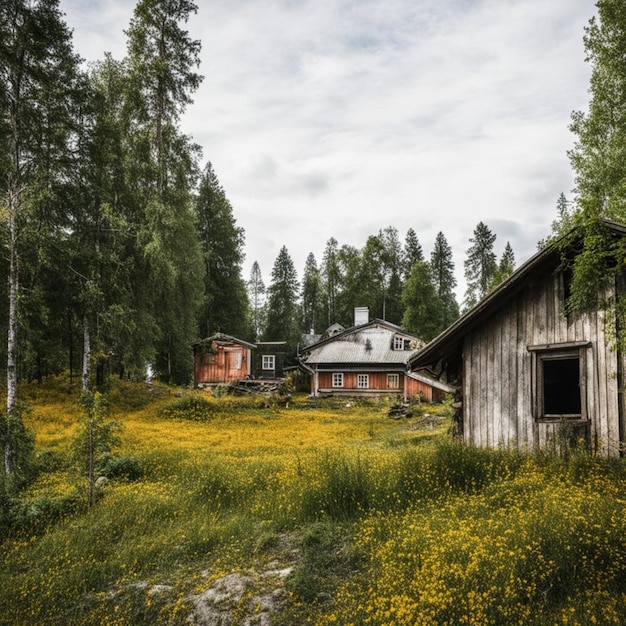 a small house sits in a field of wildflowers