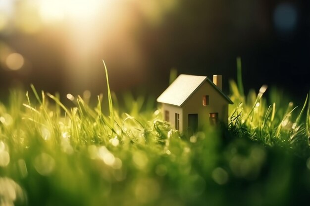 A small house sits in the grass with the sun shining on it.