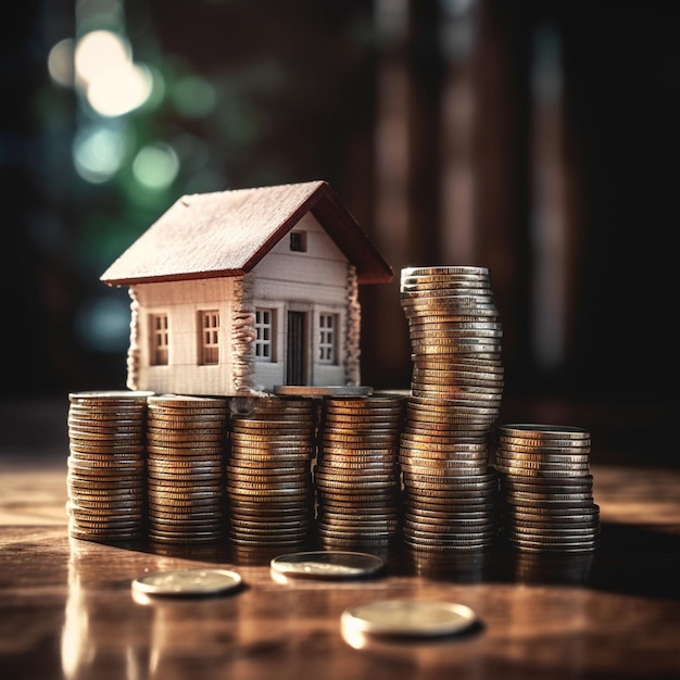 A small house sits on a pile of coins.