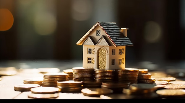 A small house sits on a pile of coins.