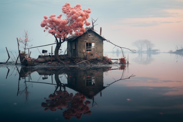 분홍색 나무가 있는 호수 위에 작은 집이 있다