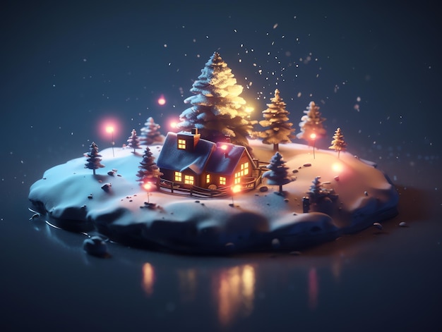 A small house on a small island with a snowy landscape and christmas lights