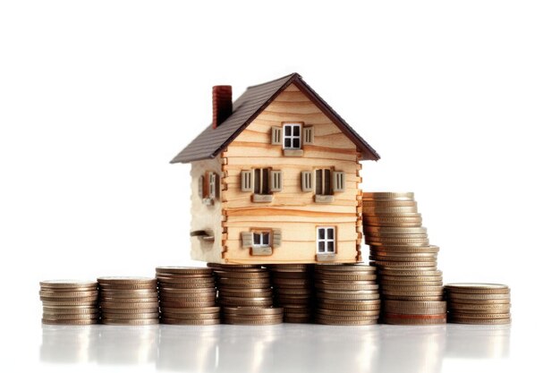 Small house and stack of coins on white background Concept of investment property Generative AI