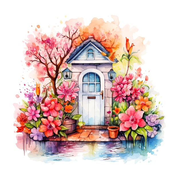 Small house surrounded by flowers watercolor paint