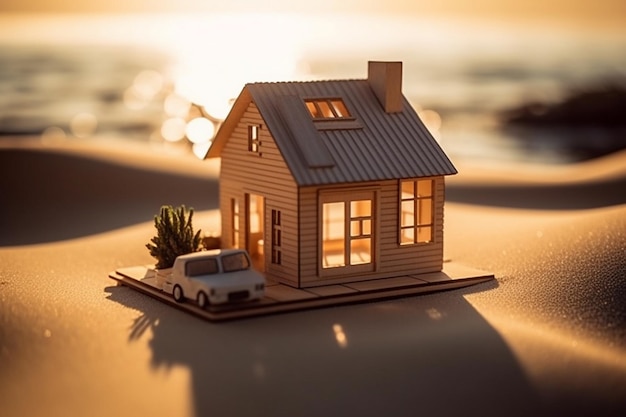 A small house on a table with a car on it